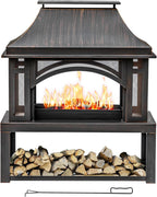 39" Fire Pits with Wood Storage for Outside, Large Wood Burning Outdoor Fireplace with Chimney, Mesh Spark Screen & Fire Poker, Idea for Backyard, Patio, Party, Camping, Picnic