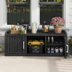 KAMABOKO Outdoor Shoe Storage Cabinet, Waterproof UV-Resistant Entryway Storage Bench Indoor Outdoor with 2 Barn Doors, Adjustable Shelves for Entryway, Bedroom, Hallway,Living Room(Black)
