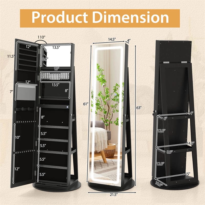 360�� Swivel Jewelry Cabinet Armoire w/ Full Length Mirror 3-Color LED Lights & Rear Shelves, Lockable Standing Jewelry Storage Organizer