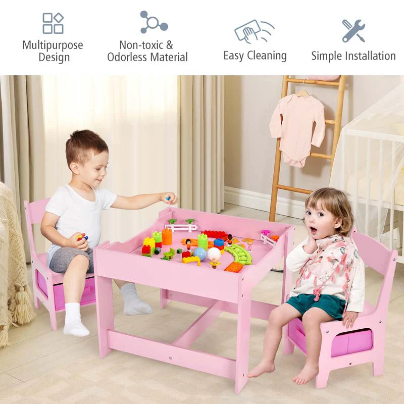 3-in-1 Kids Wood Table Chairs Set with Blackboard & Storage Drawers, Children Multi Activity Table for Learning Playing Drawing