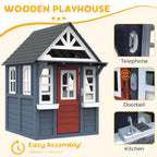 COCLUB Outdoor Playhouse for Kids Ages 4-8, Wooden Play House with Doorbell, Phone, Kitchen Toys, Outdoor Kids Play Equipment, Casa Para Niñas (45”L x 65”H), White & Black