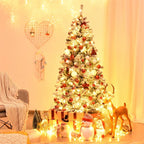 Premium Pre-Lit Snow Flocked Artificial Christmas Tree with Hinged Branch Tips & LED Lights