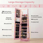 360�� Swivel Jewelry Cabinet Armoire w/ Full Length Mirror 3-Color LED Lights & Rear Shelves, Lockable Standing Jewelry Storage Organizer