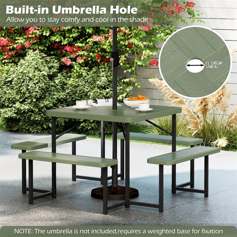 4-8 Person Outdoor Picnic Table Bench Set, All-Weather HDPE Square Dining Table with Umbrella Hole, 4 Benches & Metal Frame for Patio Backyard