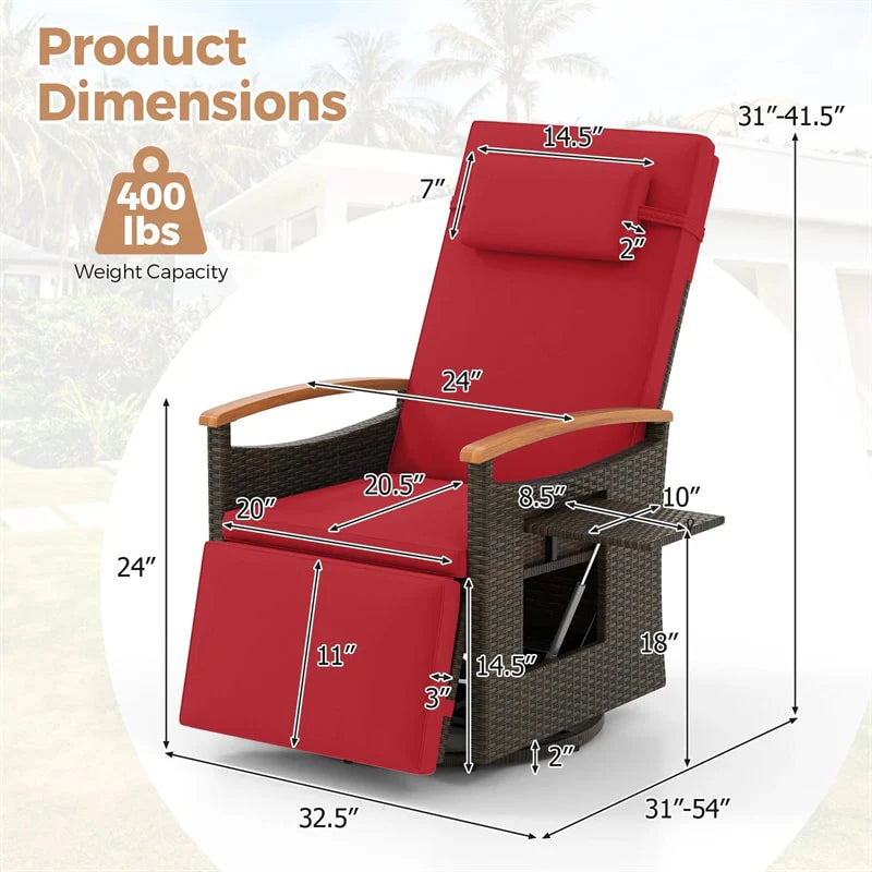 Outdoor Rattan 360�� Swivel Recliner Chair, Patio Wicker Chaise Lounge Chair with Adjustable Backrest & Footrest, Flip Side Table & Cushions