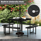4-8 Person Outdoor Picnic Table Bench Set, All-Weather HDPE Square Dining Table with Umbrella Hole, 4 Benches & Metal Frame for Patio Backyard