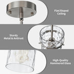 5.5" Brush Nickel Hammered Glass Pendant Light Fixtures, Brushed Nickel Kitchen Pendant Lights, Modern Kitchen Island Light Dining Room Light Farmhouse Island Lights Sink 2 Pack