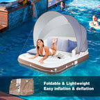 Giant Inflatable Pool Float Lounge Swimming Floating Island Raft with Retractable Canopy & 2 Cup Holders