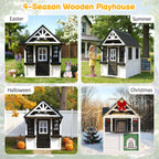 COCLUB Outdoor Playhouse for Kids Ages 4-8, Wooden Play House with Doorbell, Phone, Kitchen Toys, Outdoor Kids Play Equipment, Casa Para Niñas (45”L x 65”H), White & Black