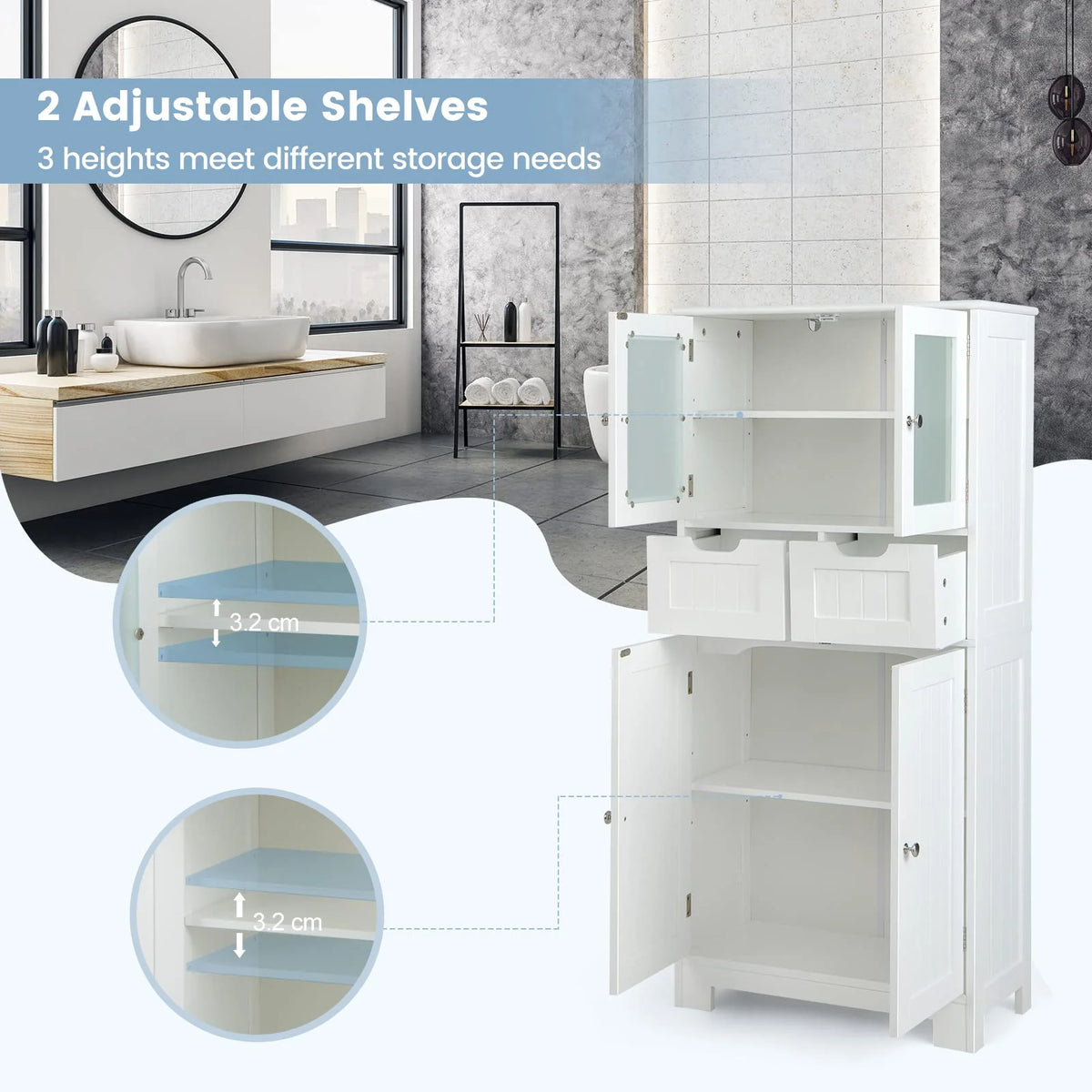 Giantex Floor Storage Cabinet with 4 Doors, Freestanding Bathroom Cabinet with 2 Glass Doors, White