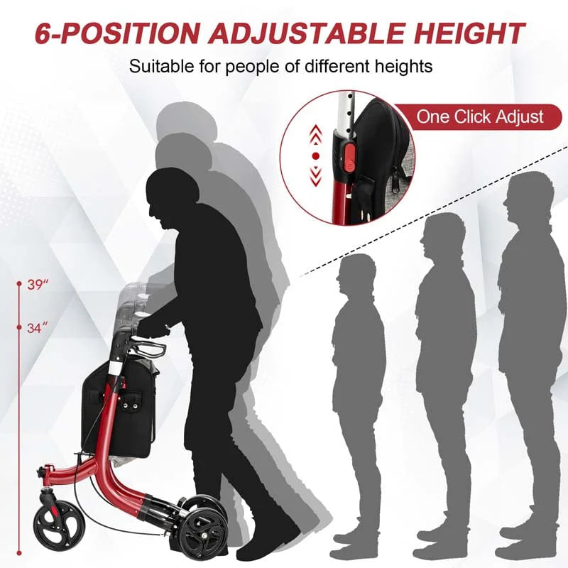 3-Wheel Folding Rollator Walker with Shopping Bag, Lightweight Aluminum Mobility Walking Aid