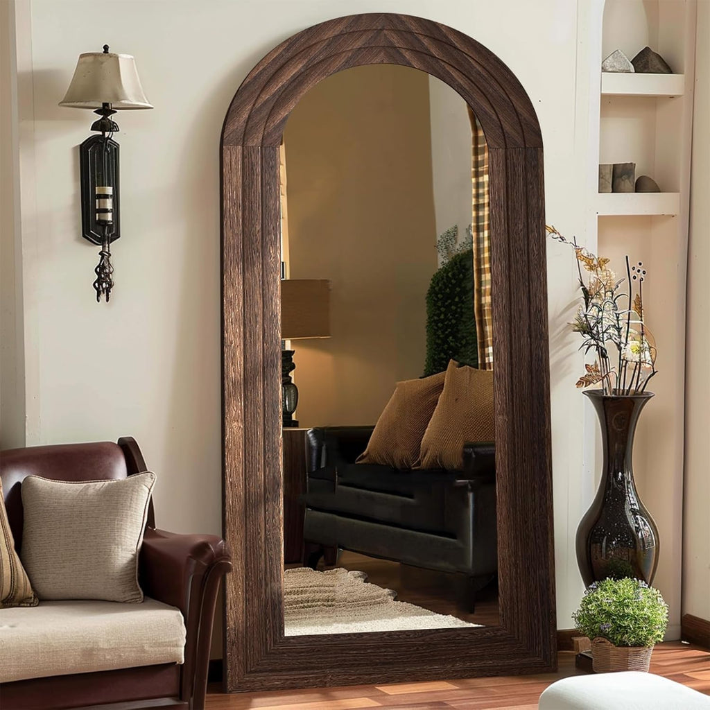 Arched Full Length Mirror with Solid Wood Frame, 71x32 Farmhouse Wall Mounted Floor Mirror with Stand, Vertical Hanging, Leaning Standing for Bedroom, Living Room, Brown