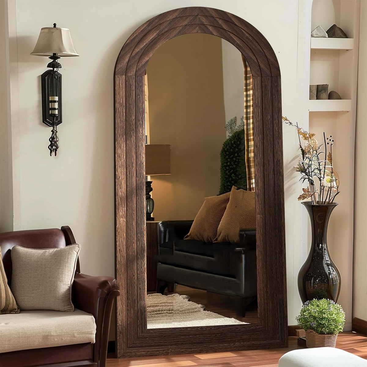 Arched Full Length Mirror with Solid Wood Frame, 71x32 Farmhouse Wall Mounted Floor Mirror with Stand, Vertical Hanging, Leaning Standing for Bedroom, Living Room, Brown