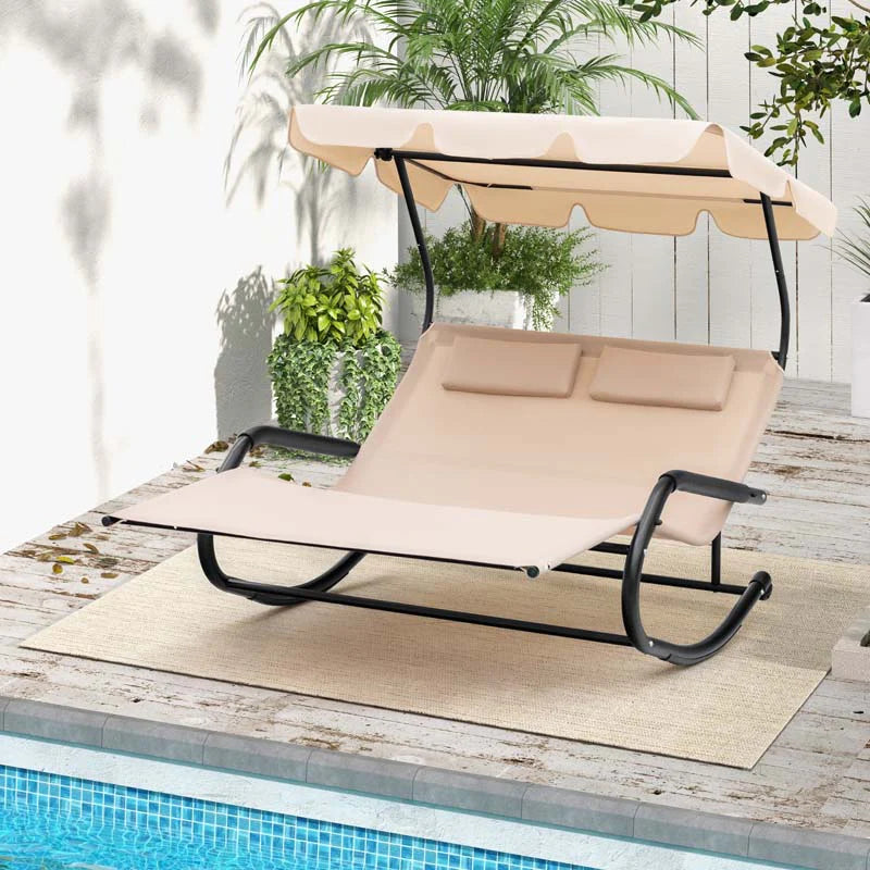 2-Person Patio Hammock Bed Swing Chair Extra Large Outdoor Rocking Chaise Lounge with Adjustable Canopy and Wheels