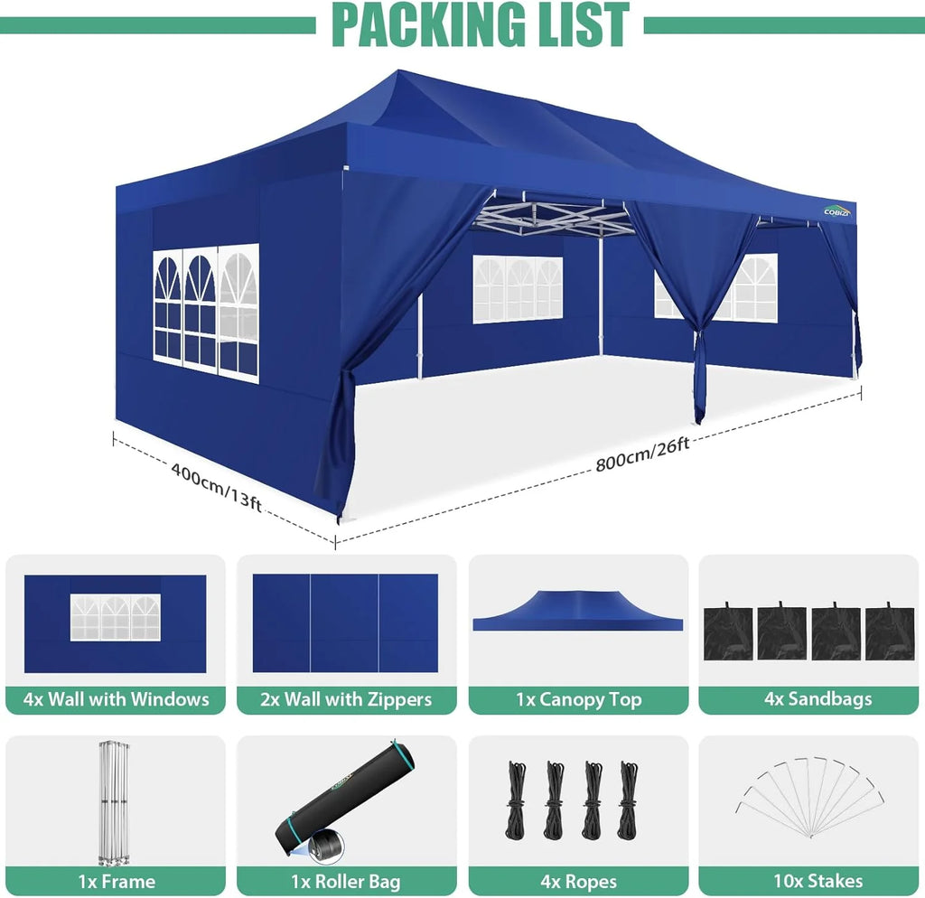 COBIZI 10x20 Heavy Duty Pop up Canopy Tent with 6 sidewalls Easy Up Commercial Outdoor Canopy Wedding Party Tents for Parties All Season Wind & Waterproof Gazebo with Roller Bag,Black(Frame Thickened)