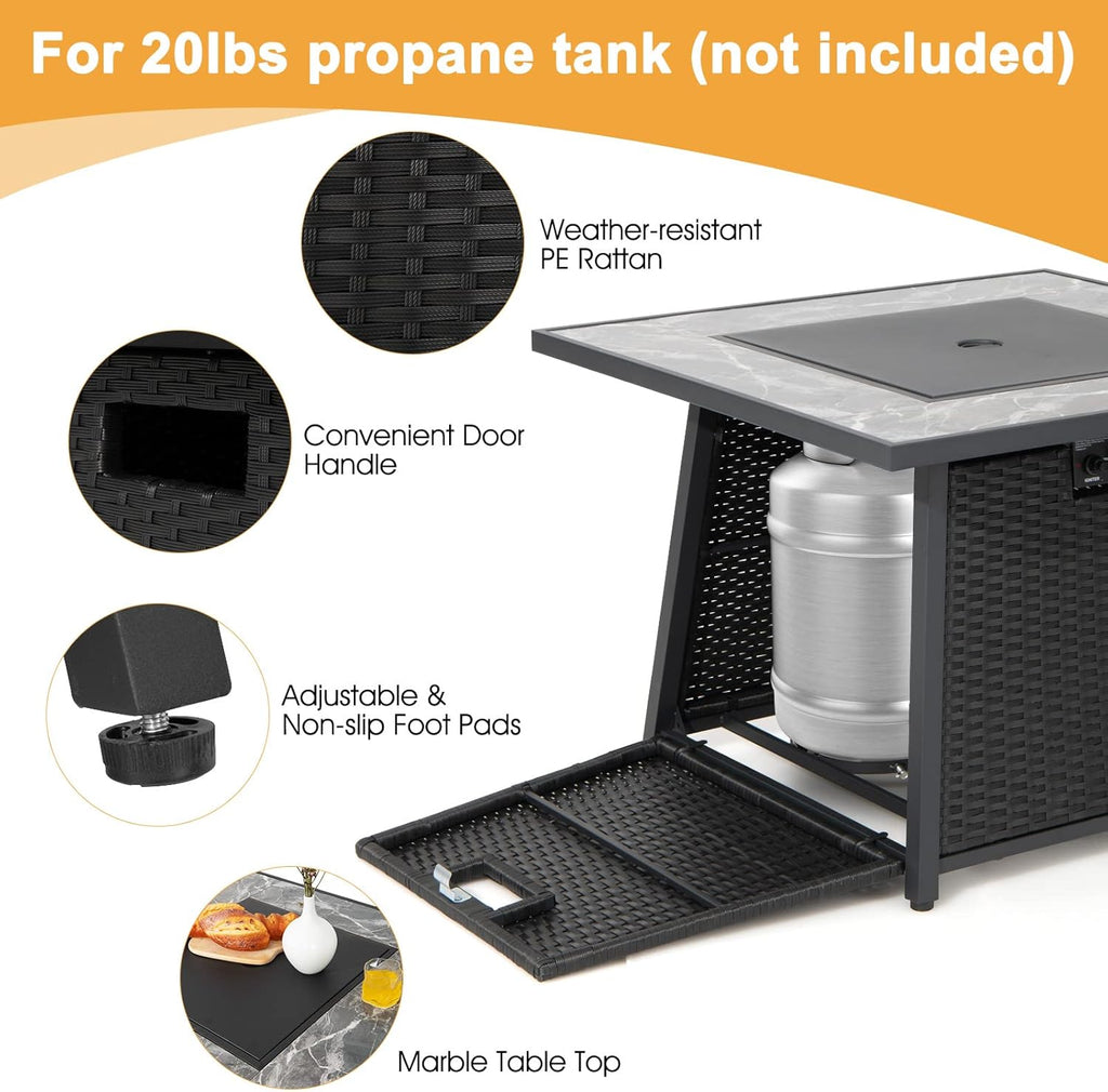 COSTWAY 35" Propane Gas Fire Pit Table, 50,000 BTU Auto-Ignition Propane Fire Pit with Lid, Lava Rocks and PVC Cover, Outdoor PE Rattan Fire Pit Table for Poolside, Garden, Balcony, ETL Certification