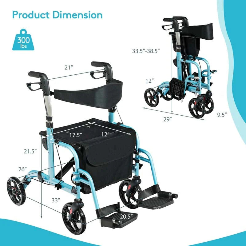 2 in 1 Rollator Walker Wheelchair Folding Medical Walker, Aluminum Transport Chair Mobility Walking Aid