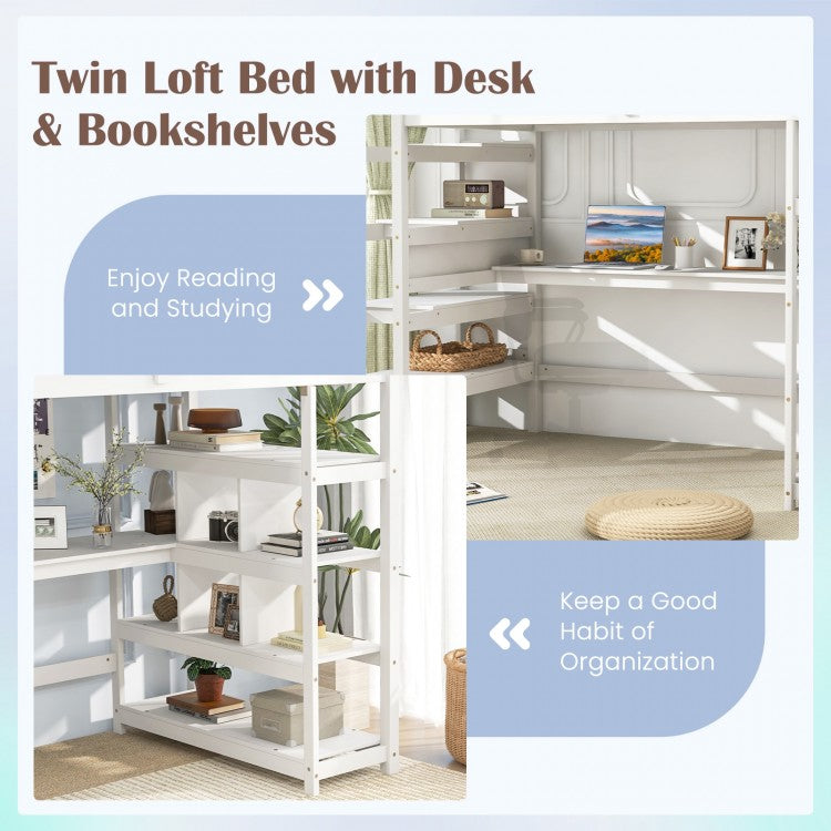 Twin Size Loft Bed with Desk and Storage Stairs Loft Bed Frame with Shelves and Safety Guardrails