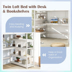 Twin Size Loft Bed with Desk and Storage Stairs Loft Bed Frame with Shelves and Safety Guardrails