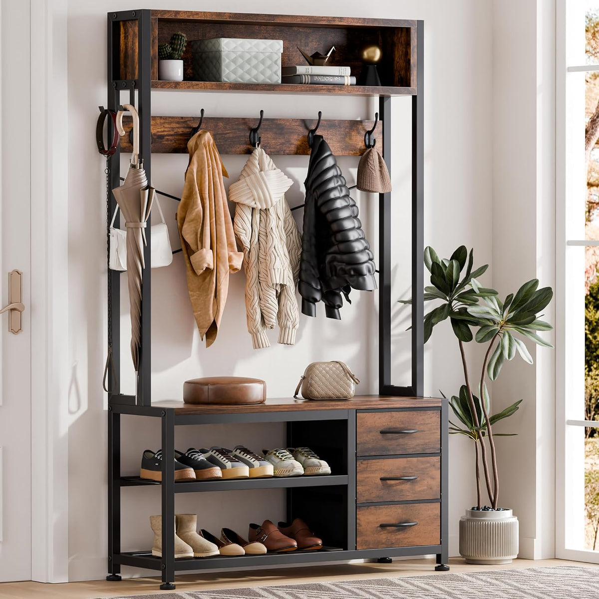 Lulive Hall Tree with Bench and Shoe Storage, 31.5" Coat Rack Freestanding with 2-Tier Storage Shelf, 6-in-1 Entryway Bench Coat Rack with 12 Hooks and 3 Drawers(Rustic Brown)