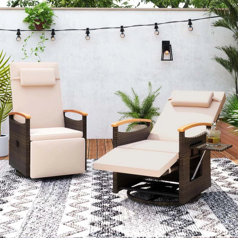 Outdoor Rattan 360�� Swivel Recliner Chair, Patio Wicker Chaise Lounge Chair with Adjustable Backrest & Footrest, Flip Side Table & Cushions