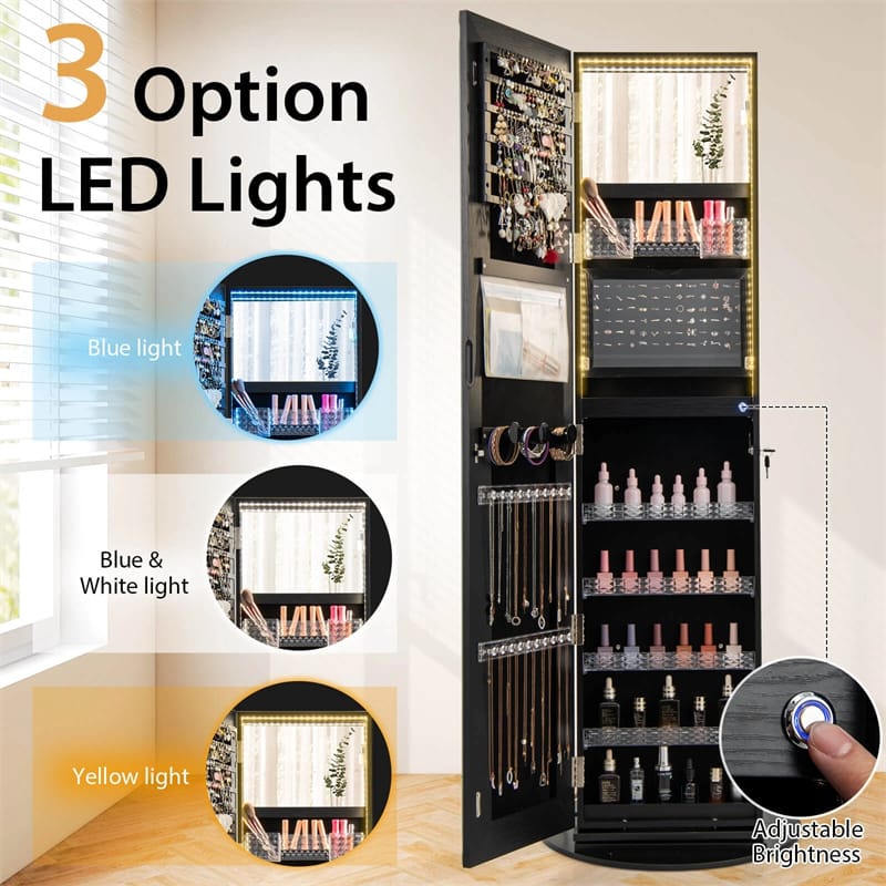 360�� Swivel Jewelry Cabinet Armoire w/ Full Length Mirror 3-Color LED Lights & Rear Shelves, Lockable Standing Jewelry Storage Organizer
