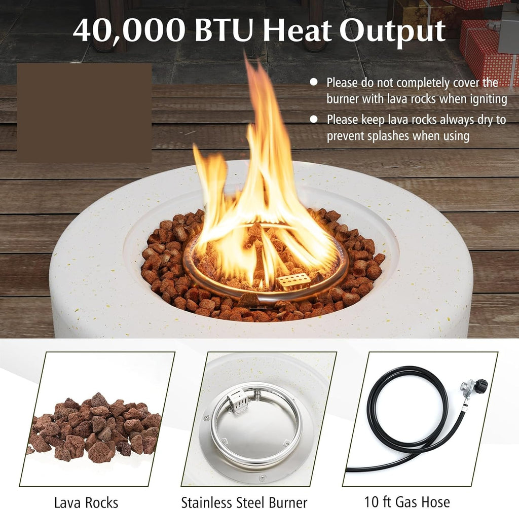 Tangkula Propane Fire Pit Table, 25.5�� Round Terrazzo Gas Fire Pit with Stainless Steel Burner & Lava Rocks, Protective Cover & Tank Seat Included, 40,000 BTU Smokeless Fire Pit for Outside Patio