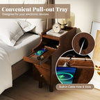 Solid Wood End Table Narrow Bedside Table with Pull-out Tray and 2 Storage Drawers