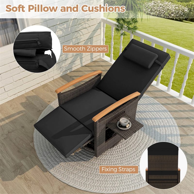 Outdoor Rattan 360�� Swivel Recliner Chair, Patio Wicker Chaise Lounge Chair with Adjustable Backrest & Footrest, Flip Side Table & Cushions