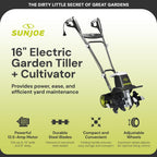 Sun Joe Corded Electric Garden Tiller & Cultivator with Steel Tines  16 Inch  13.5-Amp Motor - Heavy-Duty Tilling Machine for Lawn  Yard  and Gardening Care  TJ604E