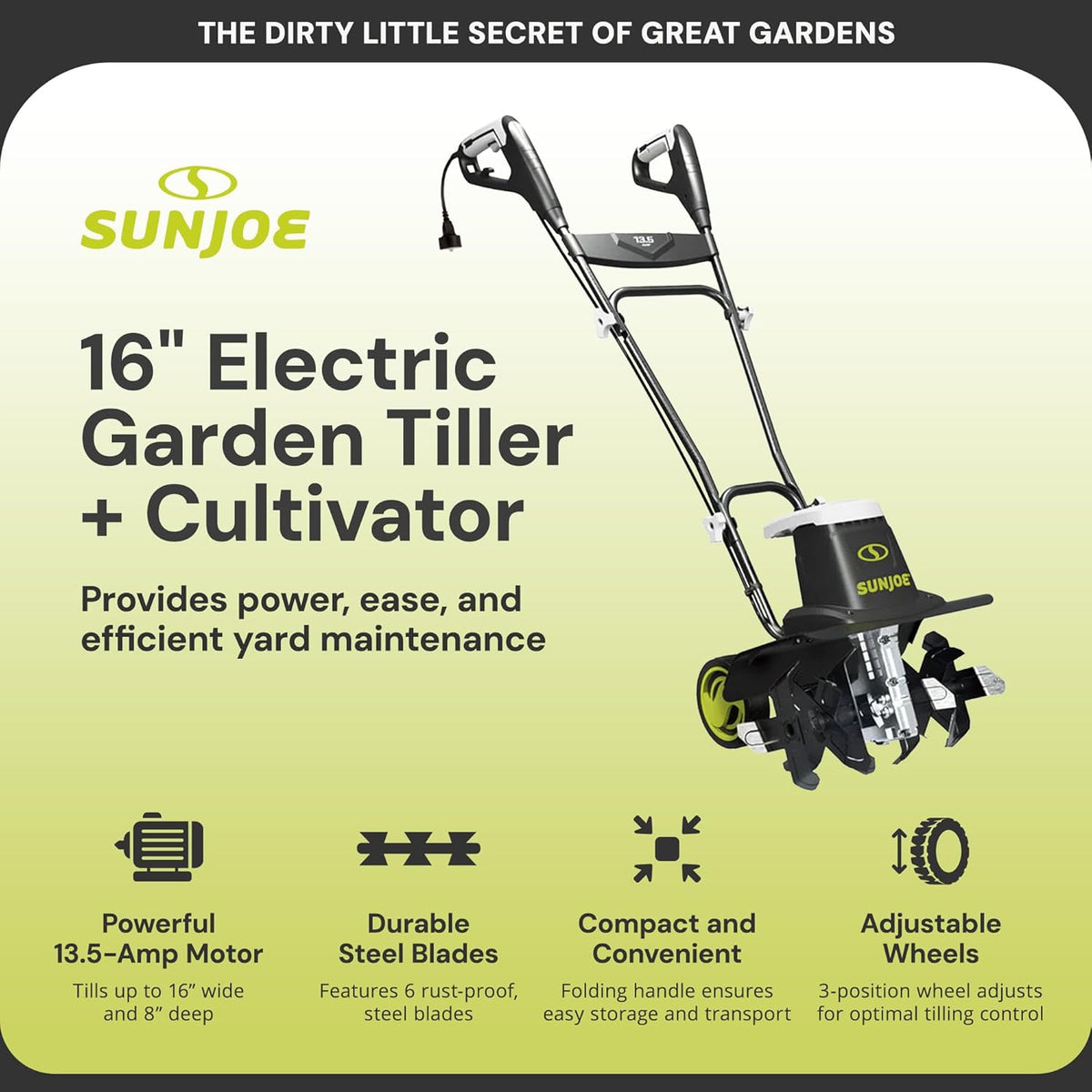 Sun Joe Corded Electric Garden Tiller & Cultivator with Steel Tines  16 Inch  13.5-Amp Motor - Heavy-Duty Tilling Machine for Lawn  Yard  and Gardening Care  TJ604E