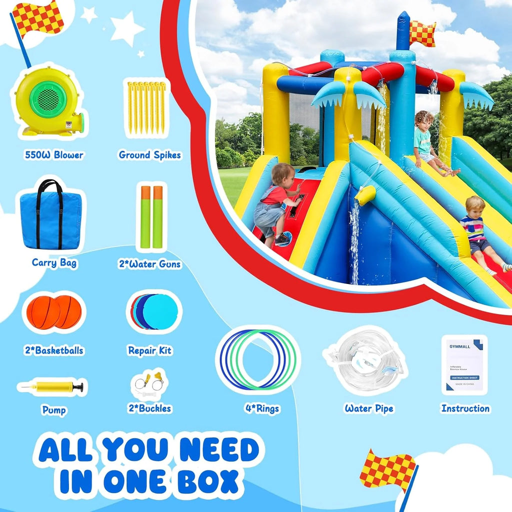 Inflatable Water Slide Bounce House with 550 W Blower, 8-in-1 Blow up Bouncy Castle Waterslide Park for Kids Outdoor and Indoor, Bouncer House with Large Pool, Double Slides and Climbing Walls