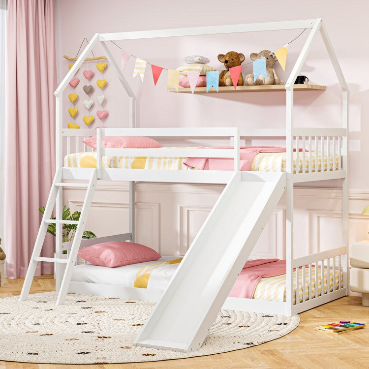Twin Over Twin House Bunk Bed with Slide and Ladder