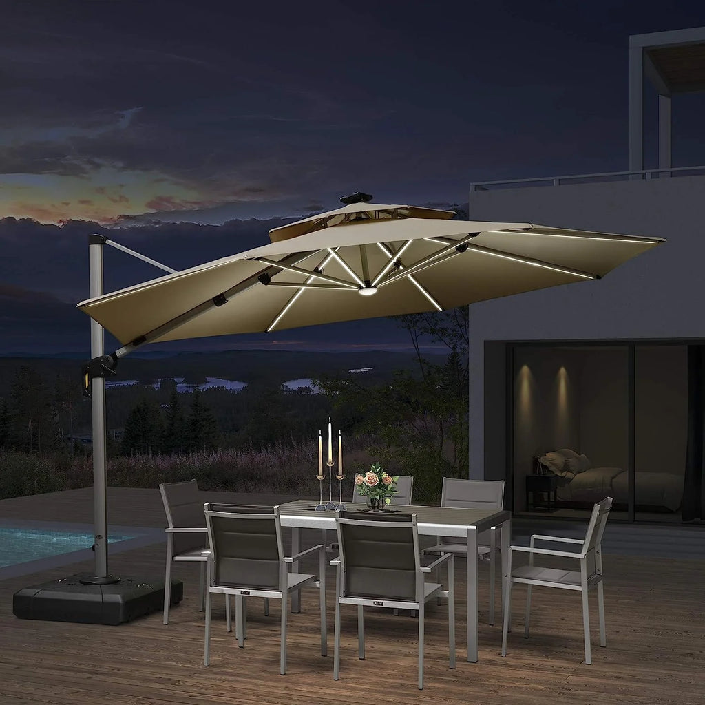 12ft Solar LED Patio Umbrella Outdoor Round Umbrella Large Cantilever Umbrella with LED Lights Windproof Bias Umbrella Heavy Duty Parasol for Garden Deck Pool Patio