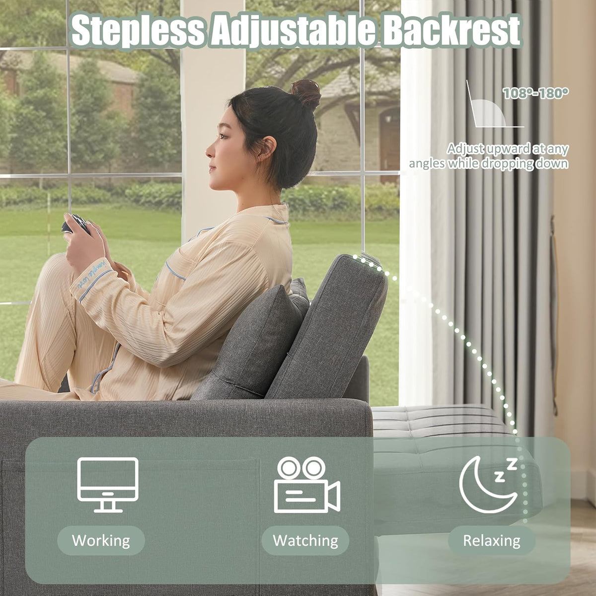 52" Sleeper Sofa with Pull-Out Bed, 3-in-1 Convertible Sofa Bed, Set of Loveseat with Stepless Adjustable Backrest and Side Pocket, for Living Room Dorm Apartment, Linen, Light Gray