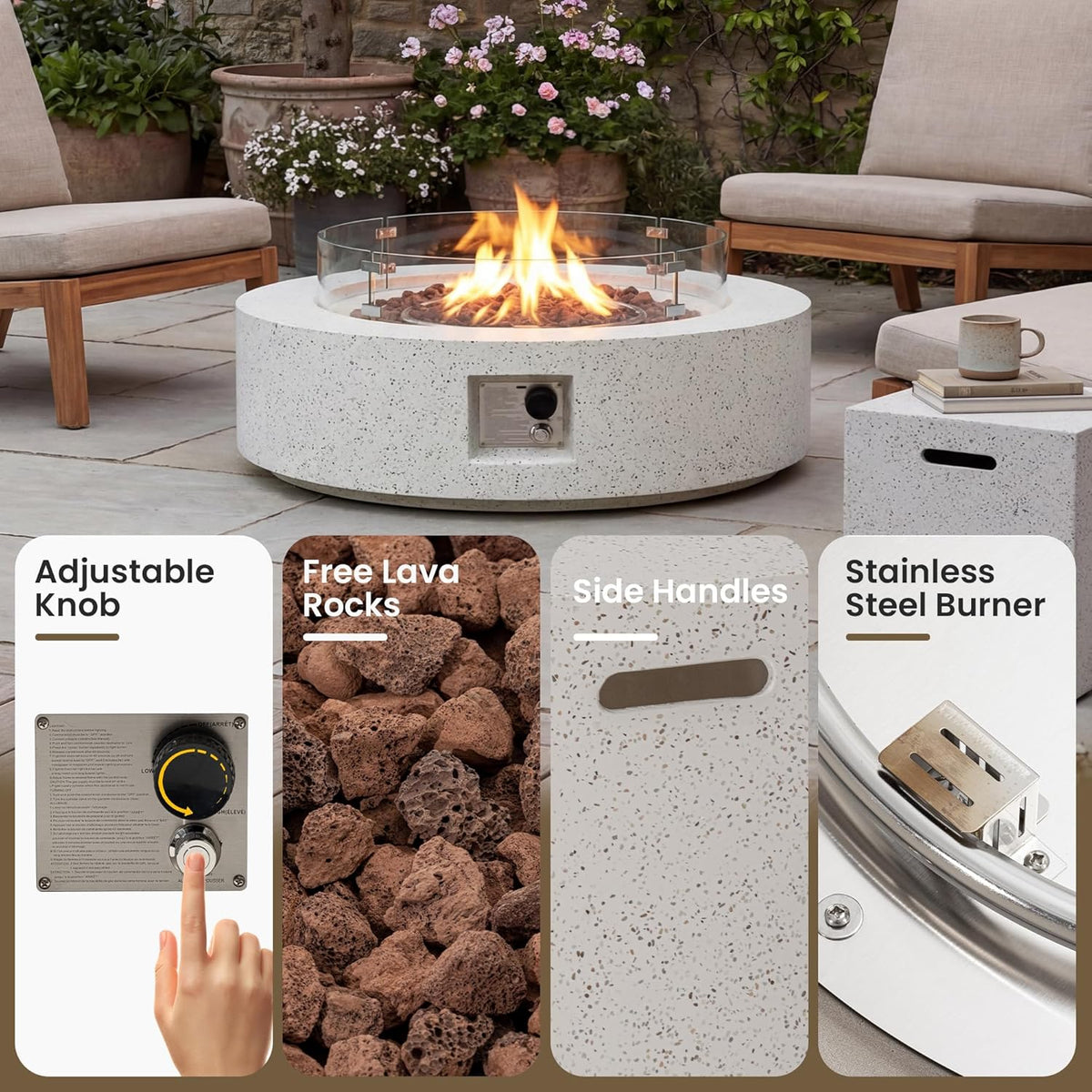 COSIEST 2-Piece Outdoor Propane Firepit Table Set w Tank Table, 42 inch Dark Fire Table Certified, 50,000 BTU w Beige Round Base,Wind Guard and 16 inches Tank Side Table 20lb for Garden,Pool
