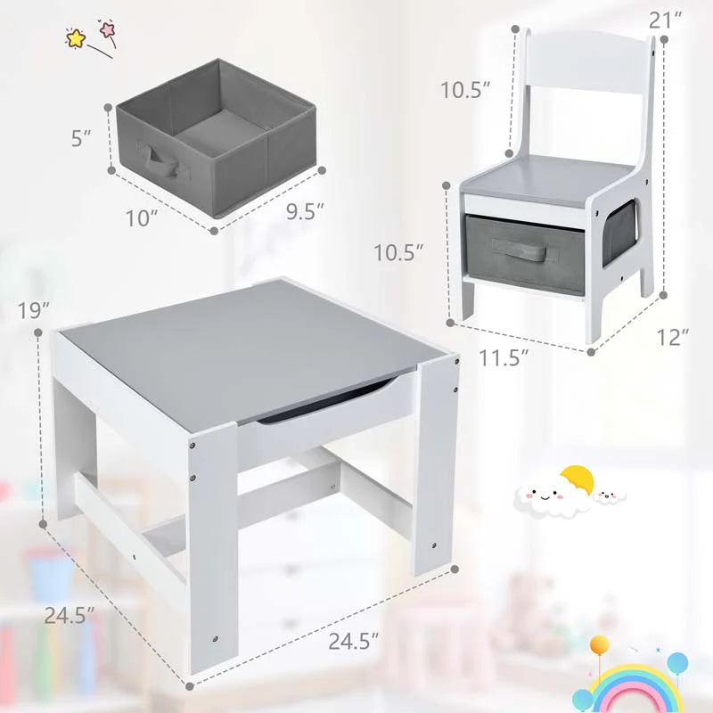 3-in-1 Kids Wood Table Chairs Set with Blackboard & Storage Drawers, Children Multi Activity Table for Learning Playing Drawing