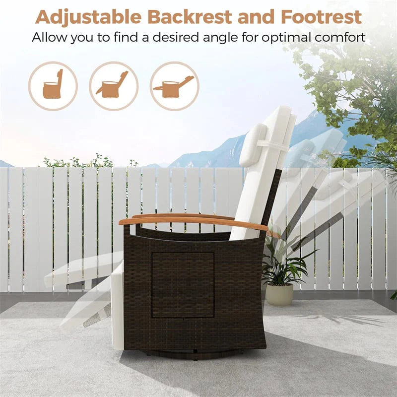 Outdoor Rattan 360�� Swivel Recliner Chair, Patio Wicker Chaise Lounge Chair with Adjustable Backrest & Footrest, Flip Side Table & Cushions