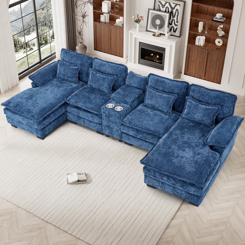 Wiilayok U Shaped Cloud Couch Modular Sectional Sofa 124" Extra Deep Fluffy Chenille Double Chaise Lounge, Central Console w/ Dual USB-C & A Ports, Storm Gray