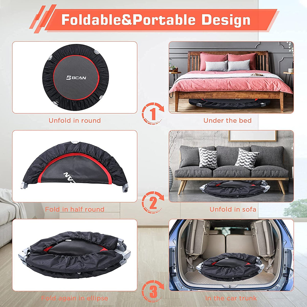 BCAN 40/48" Foldable Mini Trampoline，Workout Max Load 330lbs/440lbs