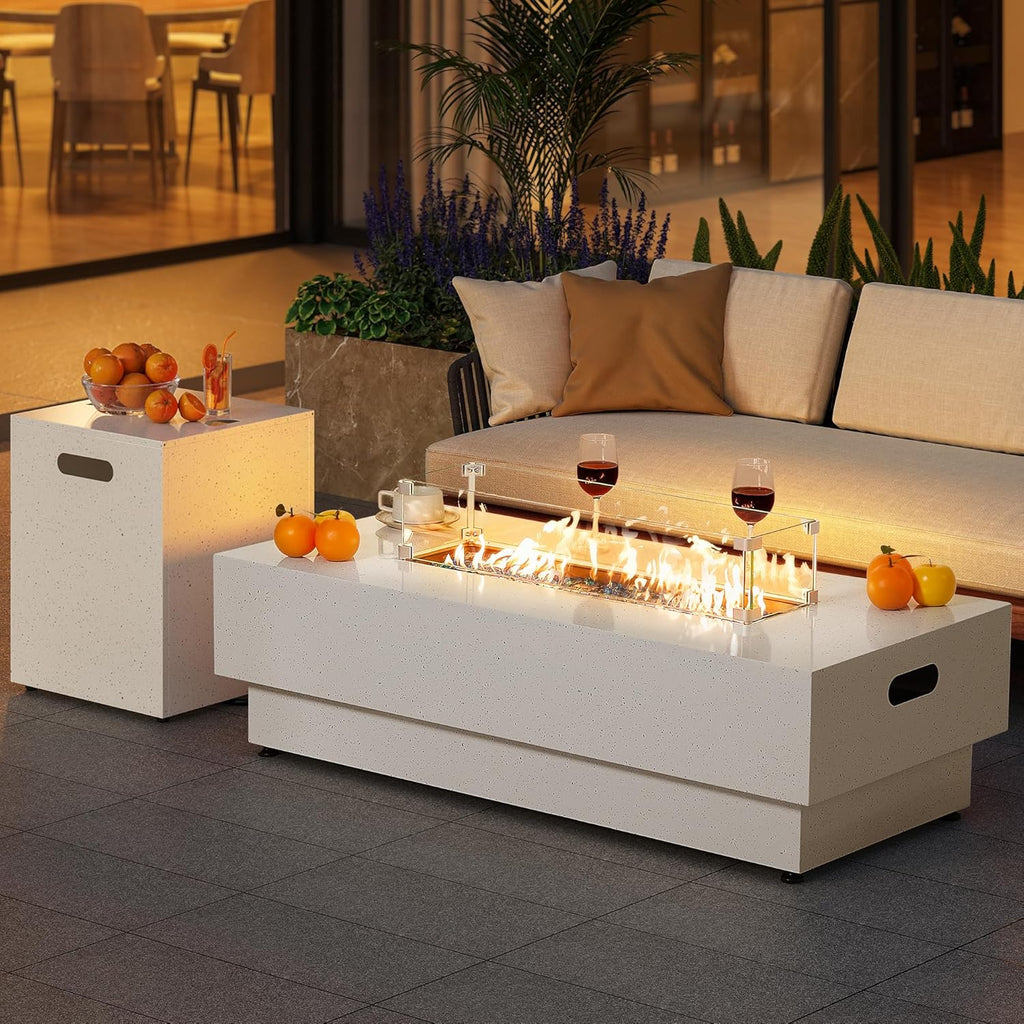 IRONCK 50-Inch Outdoor Propane Fire Pit Table w Tank Table, CSA Certified, Rectangular Patio Fire Pit w Glass Rocks, Wind Guard and Cover, 58000 BTU 2 in 1 Outdoor Heater for Deck Garden, White
