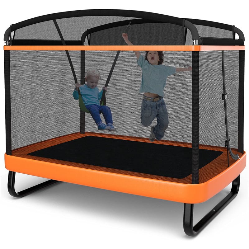6FT Kids Trampoline with Swing, Safety Enclosure, ASTM Approved Rectangle Recreational Trampoline for 3-8 Years Indoor/Outdoor, Max Load 220lbs