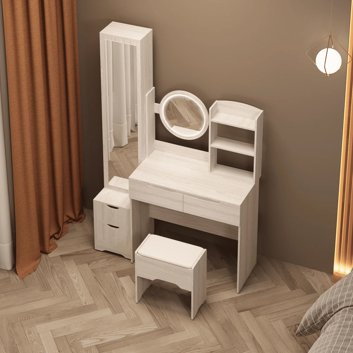 UBesGoo Lighted Vanity Table Set, Dressing Table with Full Length Mirror, Bedroom Makeup Table with Hidden Stoarge Cabinet, White Oak Color