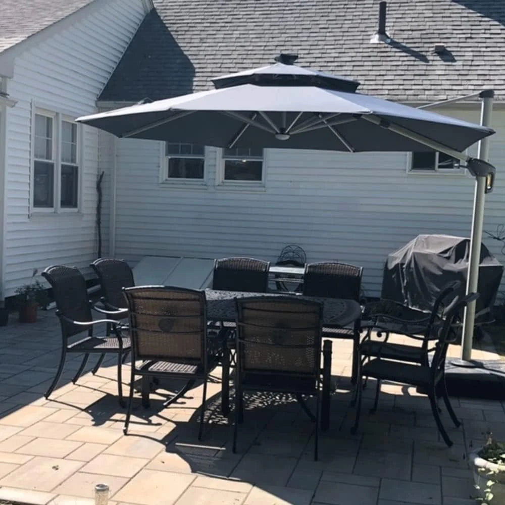 12ft Solar LED Patio Umbrella Outdoor Round Umbrella Large Cantilever Umbrella with LED Lights Windproof Bias Umbrella Heavy Duty Parasol for Garden Deck Pool Patio