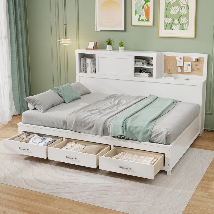 Twin/Full Size Wooden Daybed with 3 Drawers with Storage Shelves