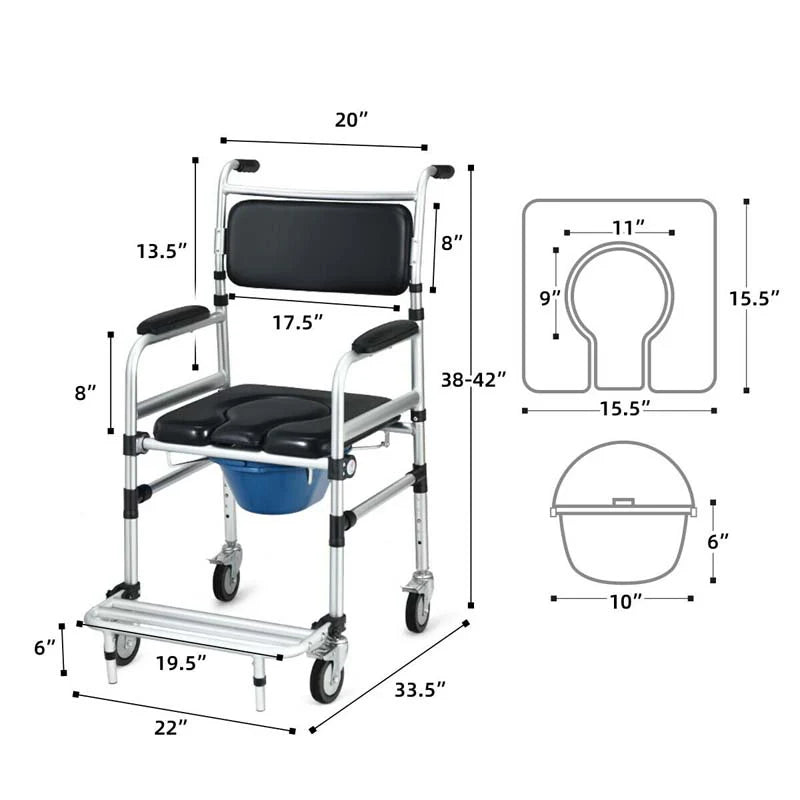 2-in-1 Foldable Shower Commode Wheelchair, Aluminum Alloy Transport Chair Toilet Bedside Wheelchair with Commode