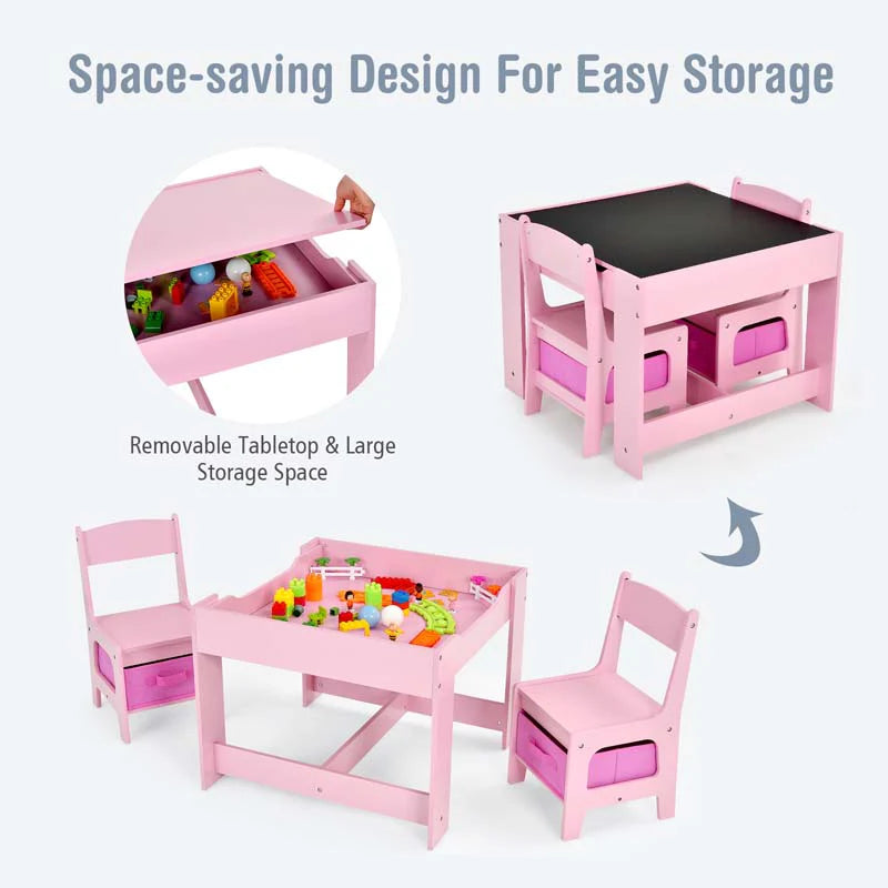 3-in-1 Kids Wood Table Chairs Set with Blackboard & Storage Drawers, Children Multi Activity Table for Learning Playing Drawing