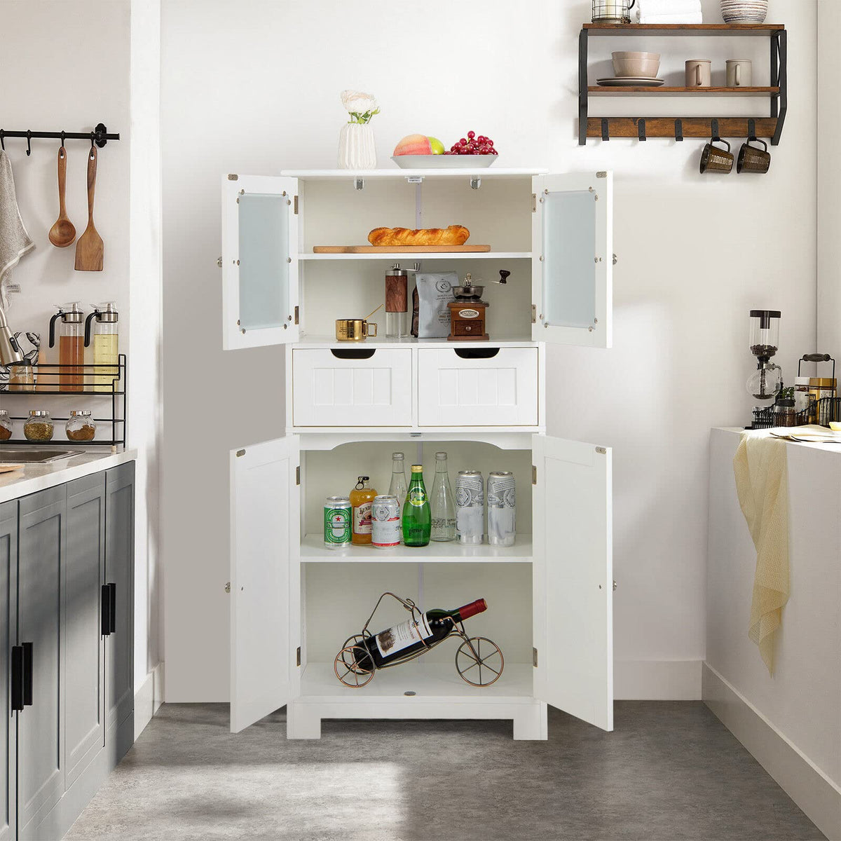 Giantex Floor Storage Cabinet with 4 Doors, Freestanding Bathroom Cabinet with 2 Glass Doors, White