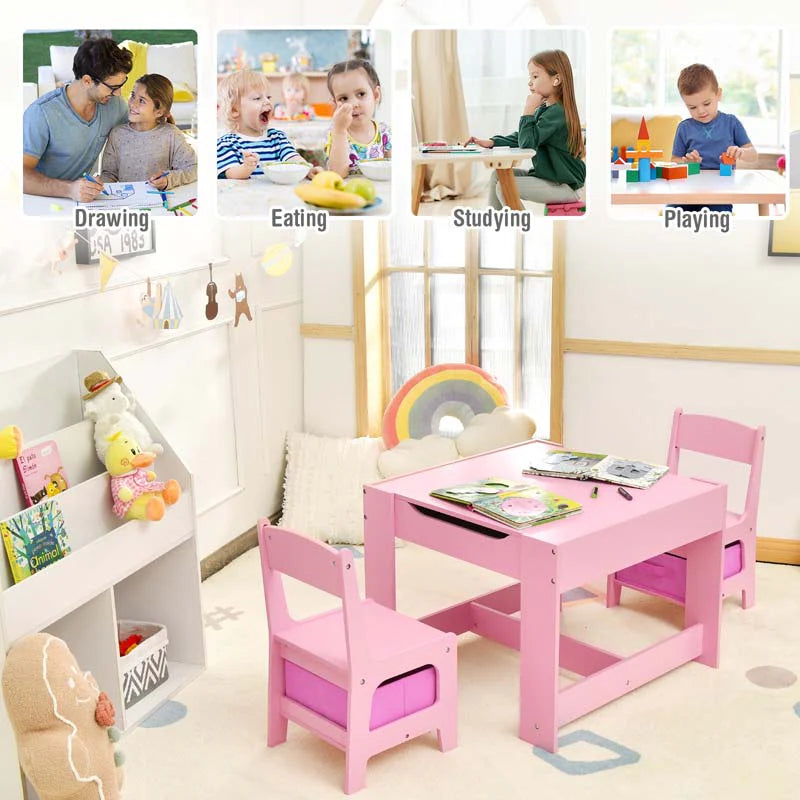 3-in-1 Kids Wood Table Chairs Set with Blackboard & Storage Drawers, Children Multi Activity Table for Learning Playing Drawing