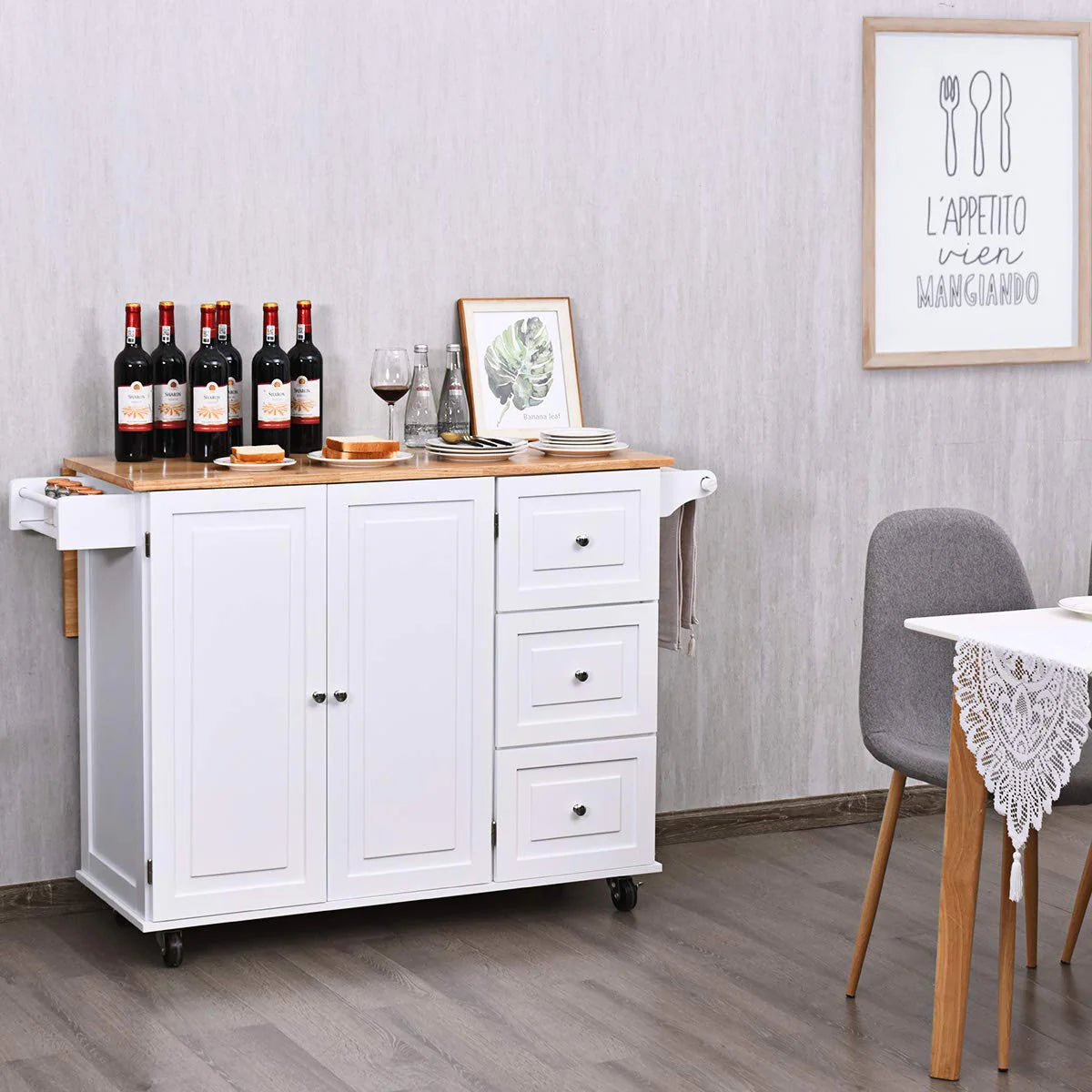 Giantex Kitchen Island Cart, Large Trolley Cart w/ Drop-Leaf Tabletop, Large Cabinet, 3 Drawers, Spice Rack, Towel Rack, Rolling Serving Trolley Cabinet
